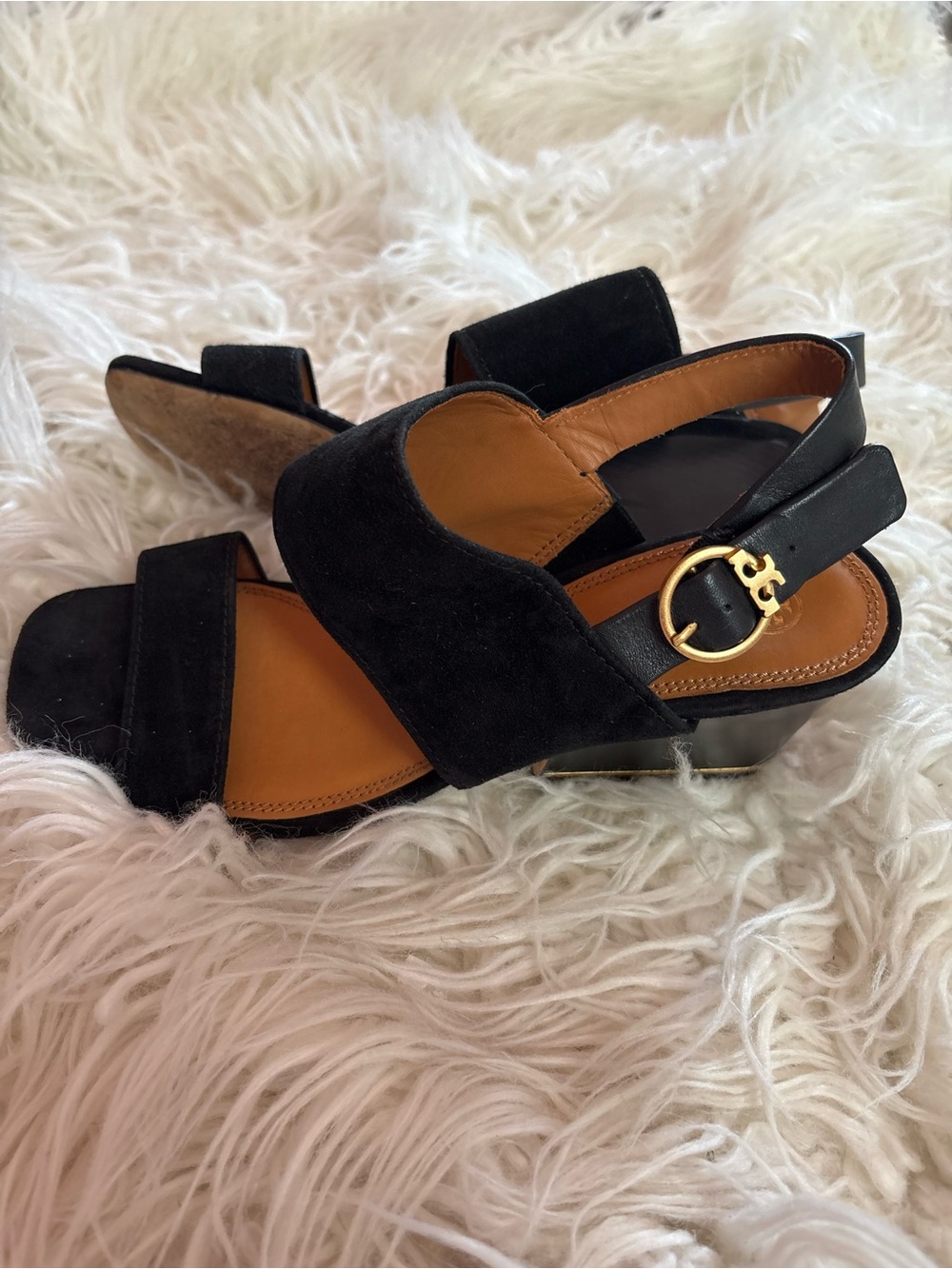 Tory Burch Black Suede Block Heel Slingback Sandals Size 8.5 - Picture 5 of 6